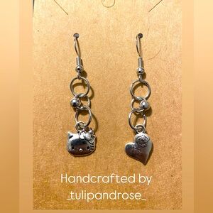 Handmade Mix Match Hello Kitty and Heart Silver tone Earrings